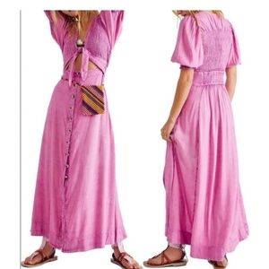 Free People Pink Linen Maxi Dress String of Hearts Boho Tie Front Cutout Rose